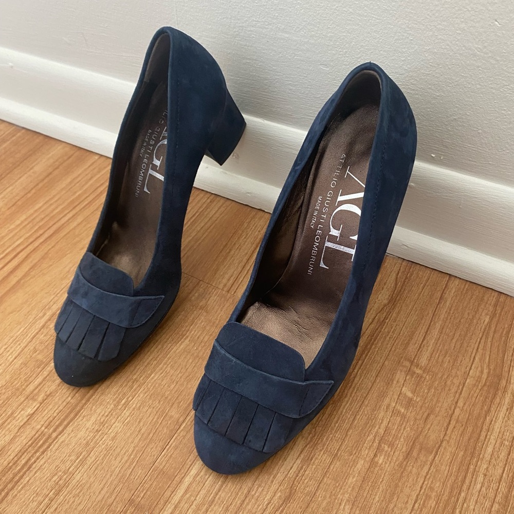 AGL navy suede block heels.